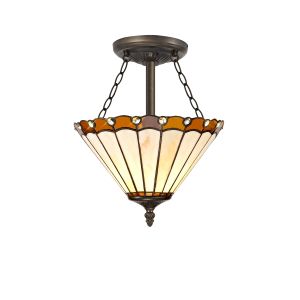 Adolfo 3 Light Semi Flush E27 With 30cm Tiffany Shade, Amber/Cmozarella/Crystal/Aged Antique Brass