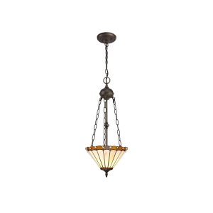 Adolfo 2 Light Uplighter Pendant E27 With 30cm Tiffany Shade, Amber/Cream/Crystal/Aged Antique Brass