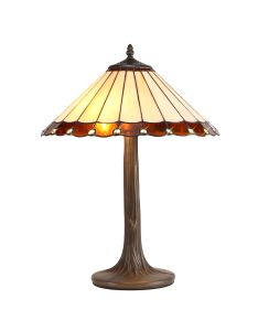 Adolfo 2 Light Tree Like Table Lamp E27 With 40cm Tiffany Shade, Amber/Cream/Crystal/Aged Antique Brass