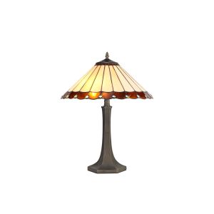 Adolfo 2 Light Octagonal Table Lamp E27 With 40cm Tiffany Shade, Amber/Cmozarella/Crystal/Aged Antique Brass