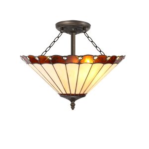 Adolfo 40.5cm 3 Light Semi Flush E27 With 40cm Tiffany Shade, Amber/Cream/Crystal/Aged Antique Brass