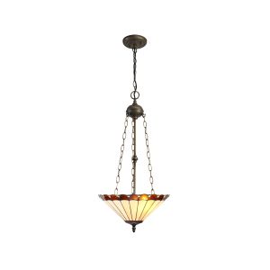 Adolfo 40.5cm 3 Light Uplighter Pendant E27 With 40cm Tiffany Shade, Amber/Cream/Crystal/Aged Antique Brass