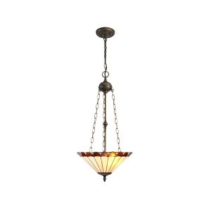 Adolfo 3 Light Uplighter Pendant E27 With 40cm Tiffany Shade, Amber/Cmozarella/Crystal/Aged Antique Brass