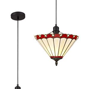 Adolfo 1 Light Uplighter Pendant E27 With 30cm Tiffany Shade, Red/Cream/Crystal/Black