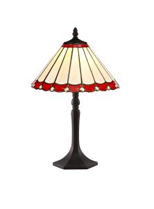 Adolfo 1 Light Octagonal Table Lamp E27 With 30cm Tiffany Shade, Red/Cream/Crystal/Aged Antique Brass