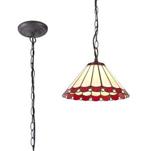 Adolfo 1 Light Downlighter Pendant E27 With 30cm Tiffany Shade, Red/Cream/Crystal/Aged Antique Brass