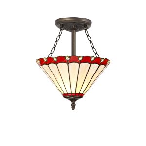 Adolfo 3 Light Semi Flush E27 With 30cm Tiffany Shade, Red/Cream/Crystal/Aged Antique Brass