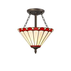 Adolfo 3 Light Semi Flush E27 With 30cm Tiffany Shade, Red/Cmozarella/Crystal/Aged Antique Brass