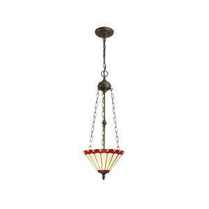 Adolfo 3 Light Uplighter Pendant E27 With 30cm Tiffany Shade, Red/Cream/Crystal/Aged Antique Brass