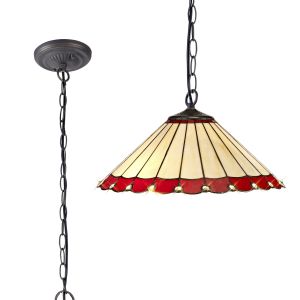 Adolfo 1 Light Downlighter Pendant E27 With 40cm Tiffany Shade, Red/Cmozarella/Crystal/Aged Antique Brass