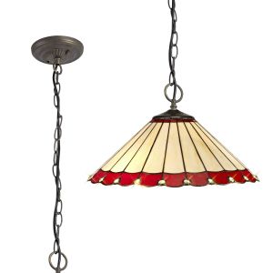 Adolfo 40.5cm 3 Light Downlighter Pendant E27 With 40cm Tiffany Shade, Red/Cream/Crystal/Aged Antique Brass