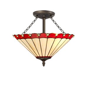 Adolfo 40.5cm 3 Light Semi Flush E27 With 40cm Tiffany Shade, Red/Cream/Crystal/Aged Antique Brass