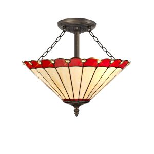 Adolfo 3 Light Semi Flush E27 With 40cm Tiffany Shade, Red/Cmozarella/Crystal/Aged Antique Brass