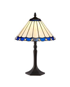 Adolfo 1 Light Octagonal Table Lamp E27 With 30cm Tiffany Shade, Blue/Cmozarella/Crystal/Aged Antique Brass