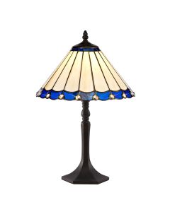 Adolfo 1 Light Octagonal Table Lamp E27 With 30cm Tiffany Shade, Blue/Cream/Crystal/Aged Antique Brass