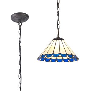 Adolfo 1 Light Downlighter Pendant E27 With 30cm Tiffany Shade, Blue/Cream/Crystal/Aged Antique Brass