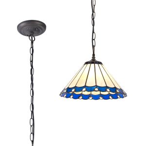 Adolfo 1 Light Downlighter Pendant E27 With 30cm Tiffany Shade, Blue/Cmozarella/Crystal/Aged Antique Brass