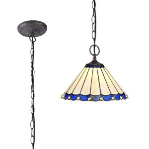 Adolfo 2 Light Downlighter Pendant E27 With 30cm Tiffany Shade, Blue/Cream/Crystal/Aged Antique Brass