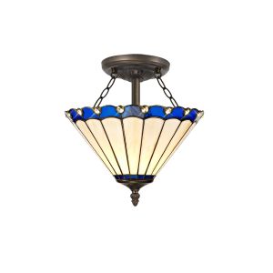 Adolfo 2 Light Semi Flush E27 With 30cm Tiffany Shade, Blue/Cmozarella/Crystal/Aged Antique Brass