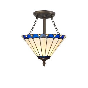 Adolfo 3 Light Semi Flush E27 With 30cm Tiffany Shade, Blue/Cream/Crystal/Aged Antique Brass