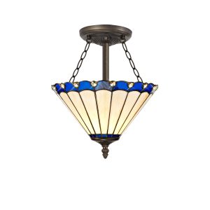 Adolfo 3 Light Semi Flush E27 With 30cm Tiffany Shade, Blue/Cmozarella/Crystal/Aged Antique Brass