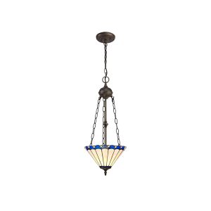 Adolfo 2 Light Uplighter Pendant E27 With 30cm Tiffany Shade, Blue/Cream/Crystal/Aged Antique Brass