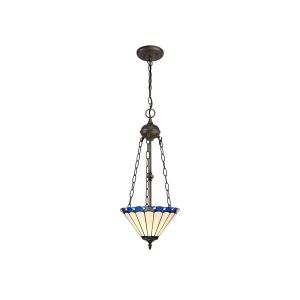 Adolfo 2 Light Uplighter Pendant E27 With 30cm Tiffany Shade, Blue/Cmozarella/Crystal/Aged Antique Brass