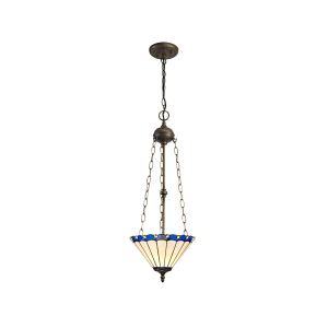 Adolfo 3 Light Uplighter Pendant E27 With 30cm Tiffany Shade, Blue/Cream/Crystal/Aged Antique Brass