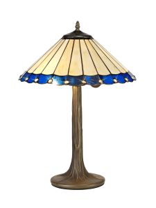 Adolfo 2 Light Tree Like Table Lamp E27 With 40cm Tiffany Shade, Blue/Cream/Crystal/Aged Antique Brass