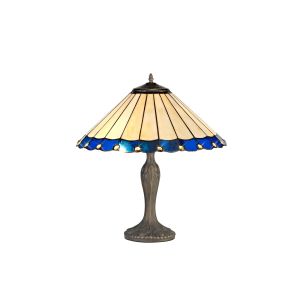 Adolfo 2 Light Curved Table Lamp E27 With 40cm Tiffany Shade, Blue/Cmozarella/Crystal/Aged Antique Brass