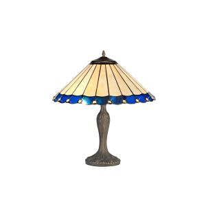 Adolfo 2 Light Curved Table Lamp E27 With 40cm Tiffany Shade, Blue/Cream/Crystal/Aged Antique Brass