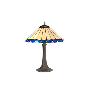 Adolfo 2 Light Octagonal Table Lamp E27 With 40cm Tiffany Shade, Blue/Cmozarella/Crystal/Aged Antique Brass