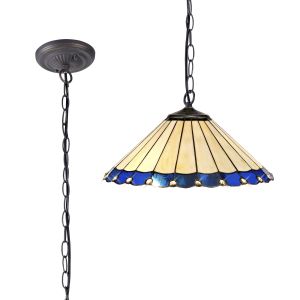 Adolfo 40.5cm 1 Light Downlighter Pendant E27 With 40cm Tiffany Shade, Blue/Cream/Crystal/Aged Antique Brass