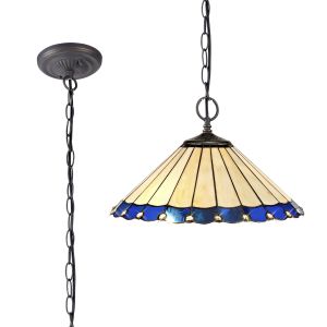 Adolfo 40.5cm 2 Light Downlighter Pendant E27 With 40cm Tiffany Shade, Blue/Cream/Crystal/Aged Antique Brass
