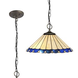Adolfo 40.5cm 3 Light Downlighter Pendant E27 With 40cm Tiffany Shade, Blue/Cream/Crystal/Aged Antique Brass