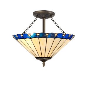 Adolfo 3 Light Semi Flush E27 With 40cm Tiffany Shade, Blue/Cmozarella/Crystal/Aged Antique Brass