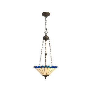 Adolfo 40.5cm 3 Light Uplighter Pendant E27 With 40cm Tiffany Shade, Blue/Cream/Crystal/Aged Antique Brass