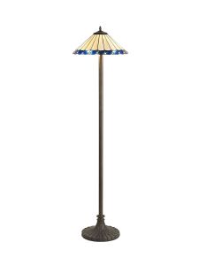 Adolfo 2 Light Stepped Design Floor Lamp E27 With 40cm Tiffany Shade, Blue/Cream/Crystal/Aged Antique Brass