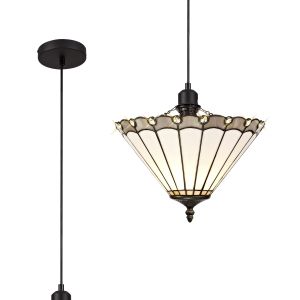 Adolfo 1 Light Uplighter Pendant E27 With 30cm Tiffany Shade, Grey/Cream/Crystal/Black