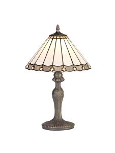 Adolfo 1 Light Curved Table Lamp E27 With 30cm Tiffany Shade, Grey/Cream/Crystal/Aged Antique Brass
