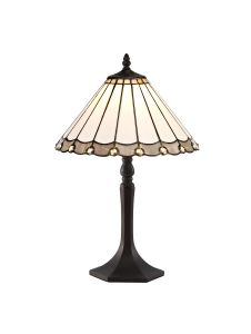 Adolfo 1 Light Octagonal Table Lamp E27 With 30cm Tiffany Shade, Grey/Cmozarella/Crystal/Aged Antique Brass
