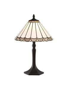 Adolfo 1 Light Octagonal Table Lamp E27 With 30cm Tiffany Shade, Grey/Cream/Crystal/Aged Antique Brass
