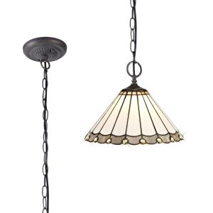 Adolfo 2 Light Downlighter Pendant E27 With 30cm Tiffany Shade, Grey/Cream/Crystal/Aged Antique Brass