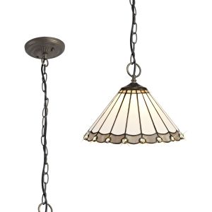 Adolfo 3 Light Downlighter Pendant E27 With 30cm Tiffany Shade, Grey/Cream/Crystal/Aged Antique Brass