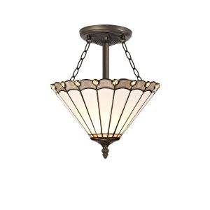 Adolfo 3 Light Semi Flush E27 With 30cm Tiffany Shade, Grey/Cream/Crystal/Aged Antique Brass