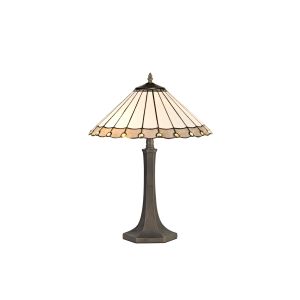 Adolfo 2 Light Octagonal Table Lamp E27 With 40cm Tiffany Shade, Grey/Cream/Crystal/Aged Antique Brass