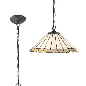 Adolfo 40.5cm 1 Light Downlighter Pendant E27 With 40cm Tiffany Shade, Grey/Cream/Crystal/Aged Antique Brass