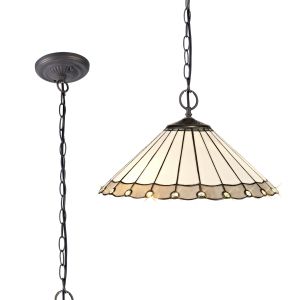 Adolfo 40.5cm 2 Light Downlighter Pendant E27 With 40cm Tiffany Shade, Grey/Cream/Crystal/Aged Antique Brass