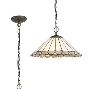 Adolfo 40.5cm 3 Light Downlighter Pendant E27 With 40cm Tiffany Shade, Grey/Cream/Crystal/Aged Antique Brass