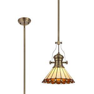 Adolfo 1 Light Pendant E27 With 30cm Tiffany Shade, Antique Brass/Amber/Cream/Crystal